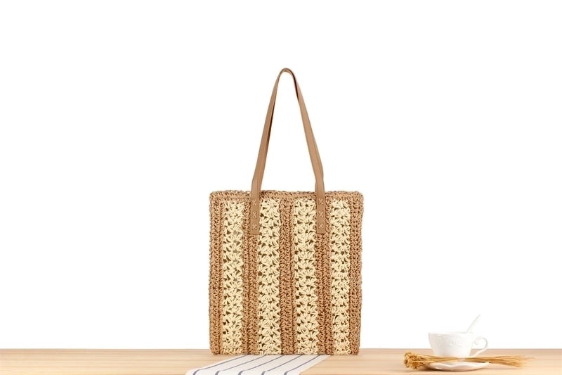 Women's Large Straw Color Block Vacation Zipper Straw Bag