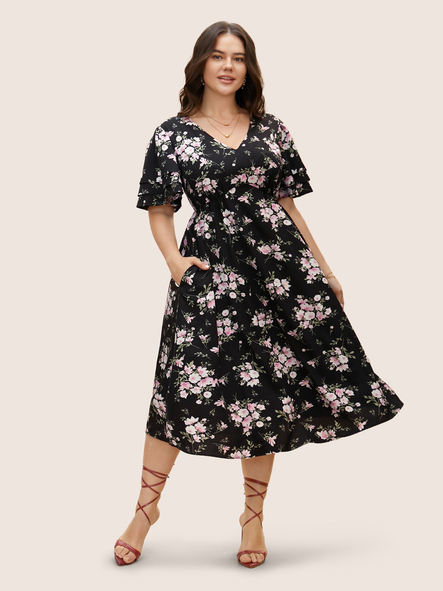 Floral Elastic Waist Tiered Ruffle Sleeve Dress