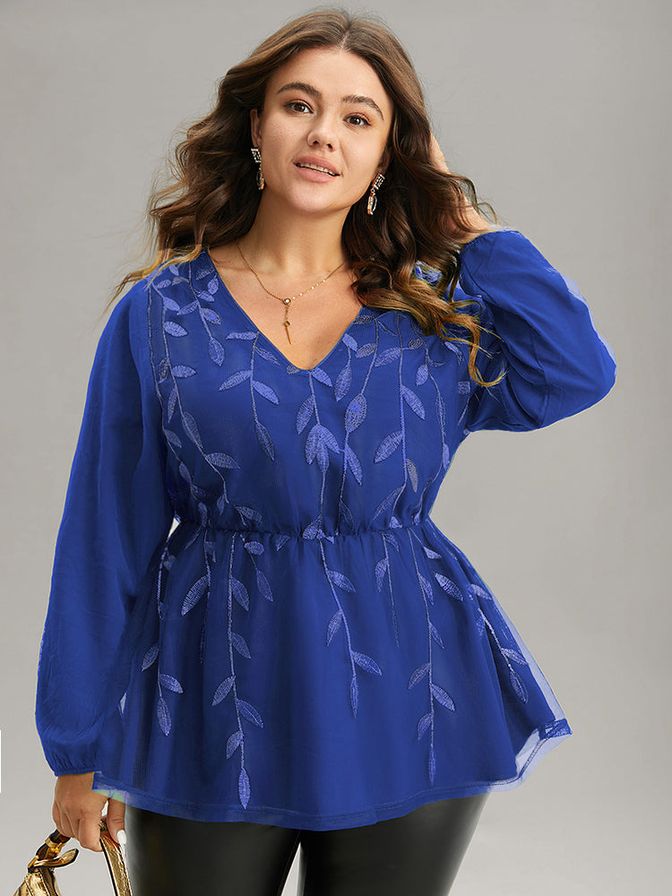 Leaves Embroidered Sequin Tiered Mesh Blouse