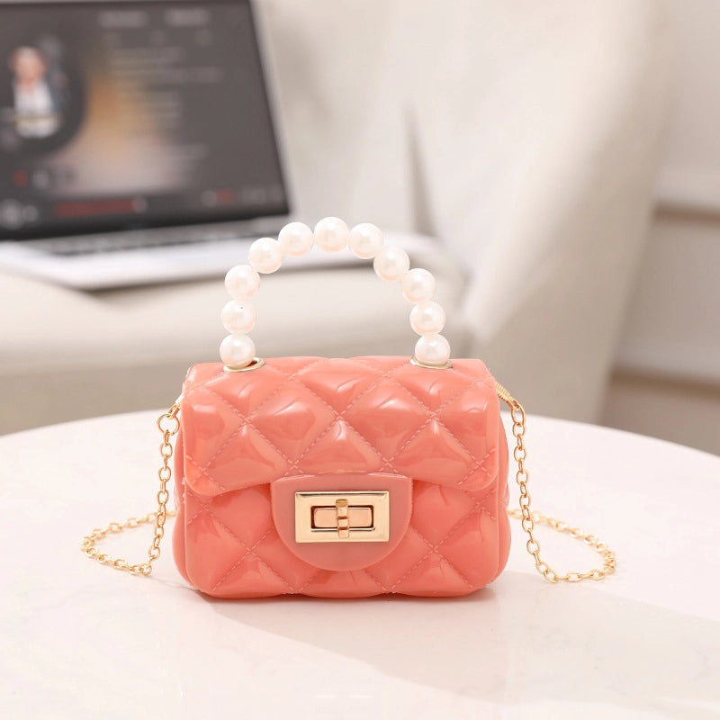 Women's PVC Solid Color Cute Beading Pearls Square Lock Clasp Crossbody Bag