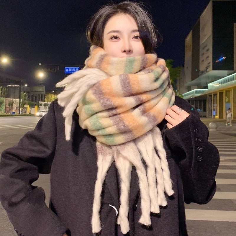 Plaid Scarf Women's Winter High-grade Gradient Mohair Thickened Warm Scarf New Cashmere-like Shawl