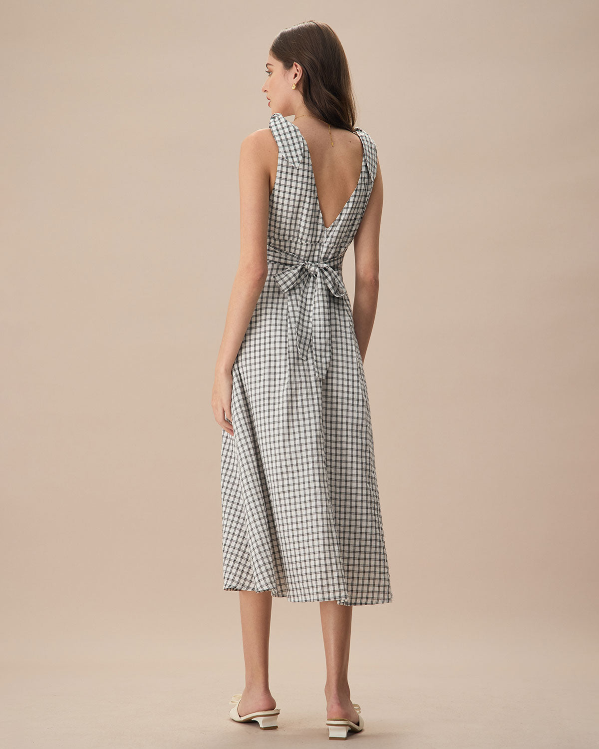 The Black V-Neck Plaid Tie Strap Cotton Midi Dress