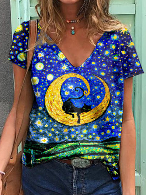 Women's Starry Night Black Cat Print T-Shirt