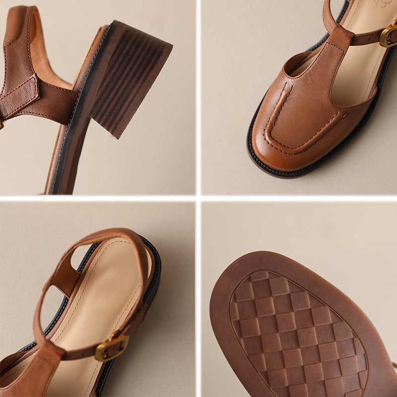 Handmade Leather Square Toe Closed-Toe T-Strap Slingback Sandals for Summer in Beige Apricot/Coconut Brown