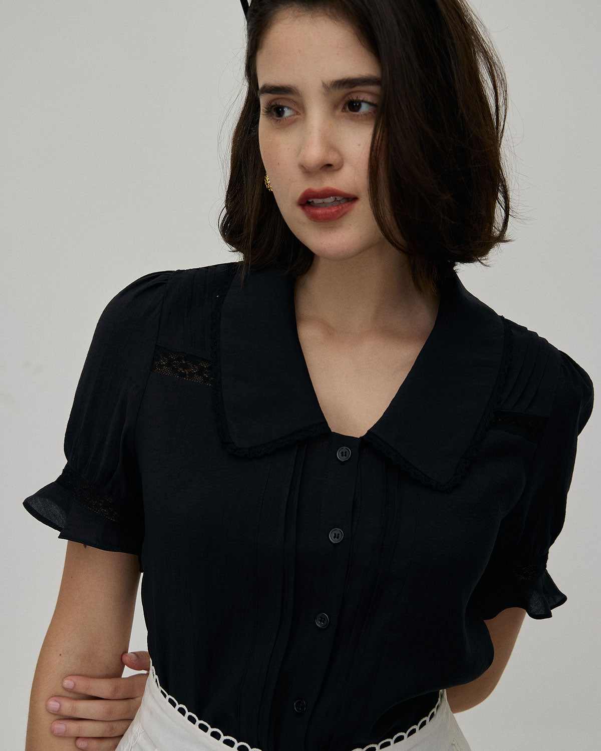 The Black Collared Lace Trim Blouse