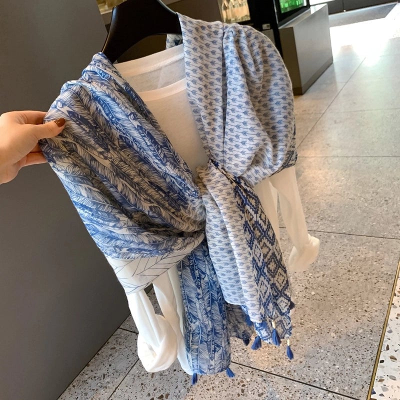 Women's Silk Scarf Summer Versatile Thin Scarf Cotton And Linen Scarf Blue Feather Tassel Beach Towel Sunscreen Shawl