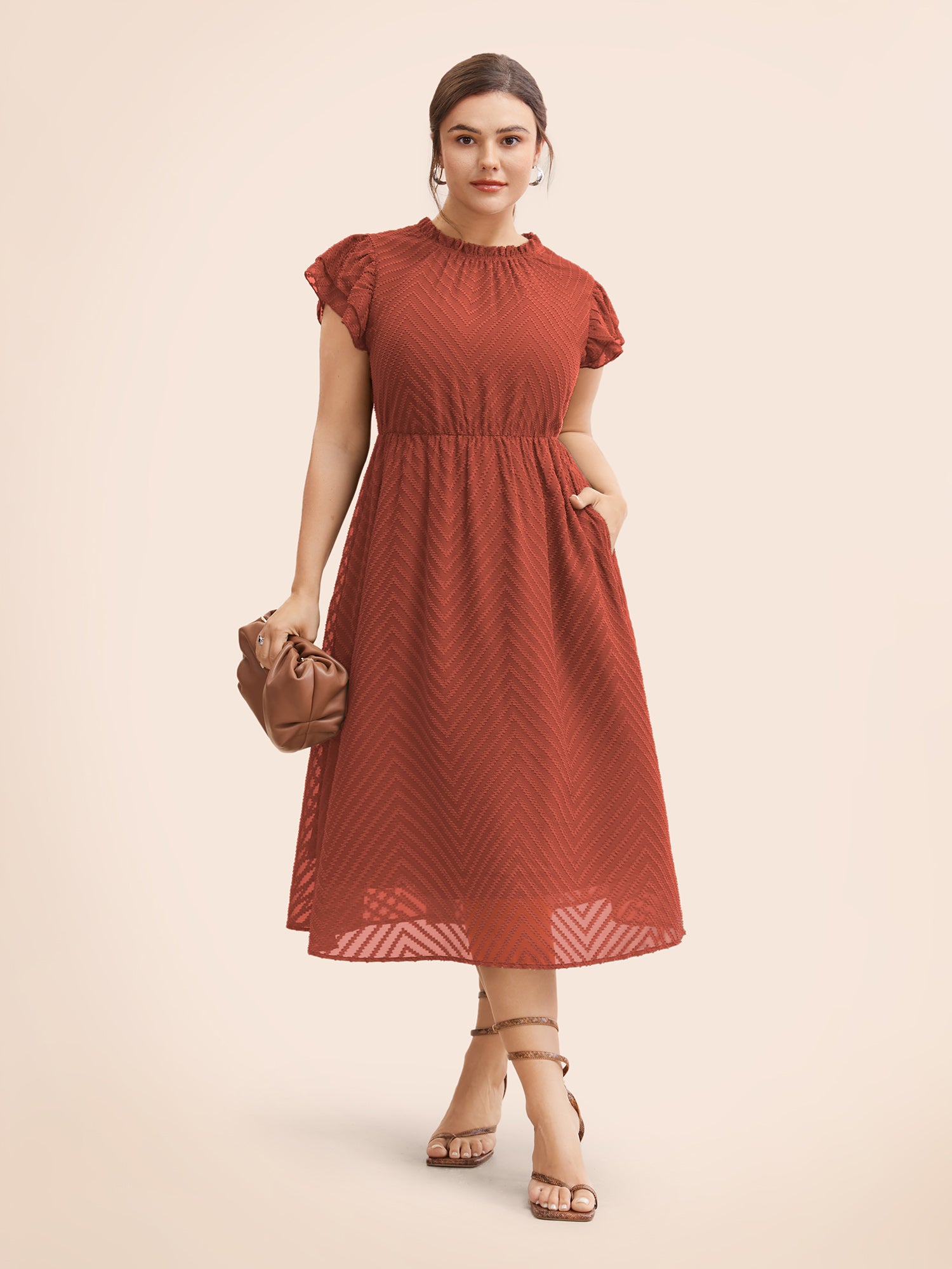 Plain Geometric Layered Sleeve Pocket Ruffle Mock Neck Dress