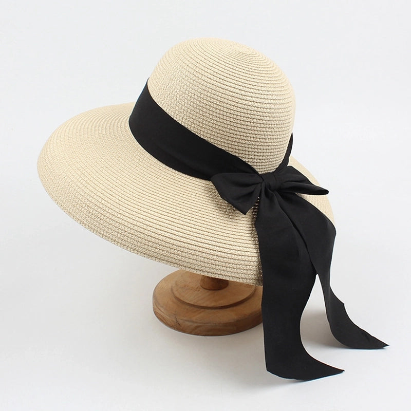 Women's Classical Retro Pastoral Solid Color Bowknot Big Eaves Straw Hat