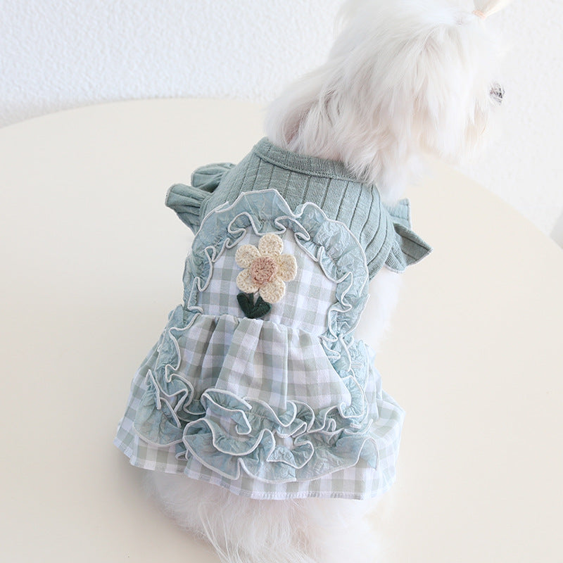 Sweet Flower Plaid Lace Dog Cat Dress