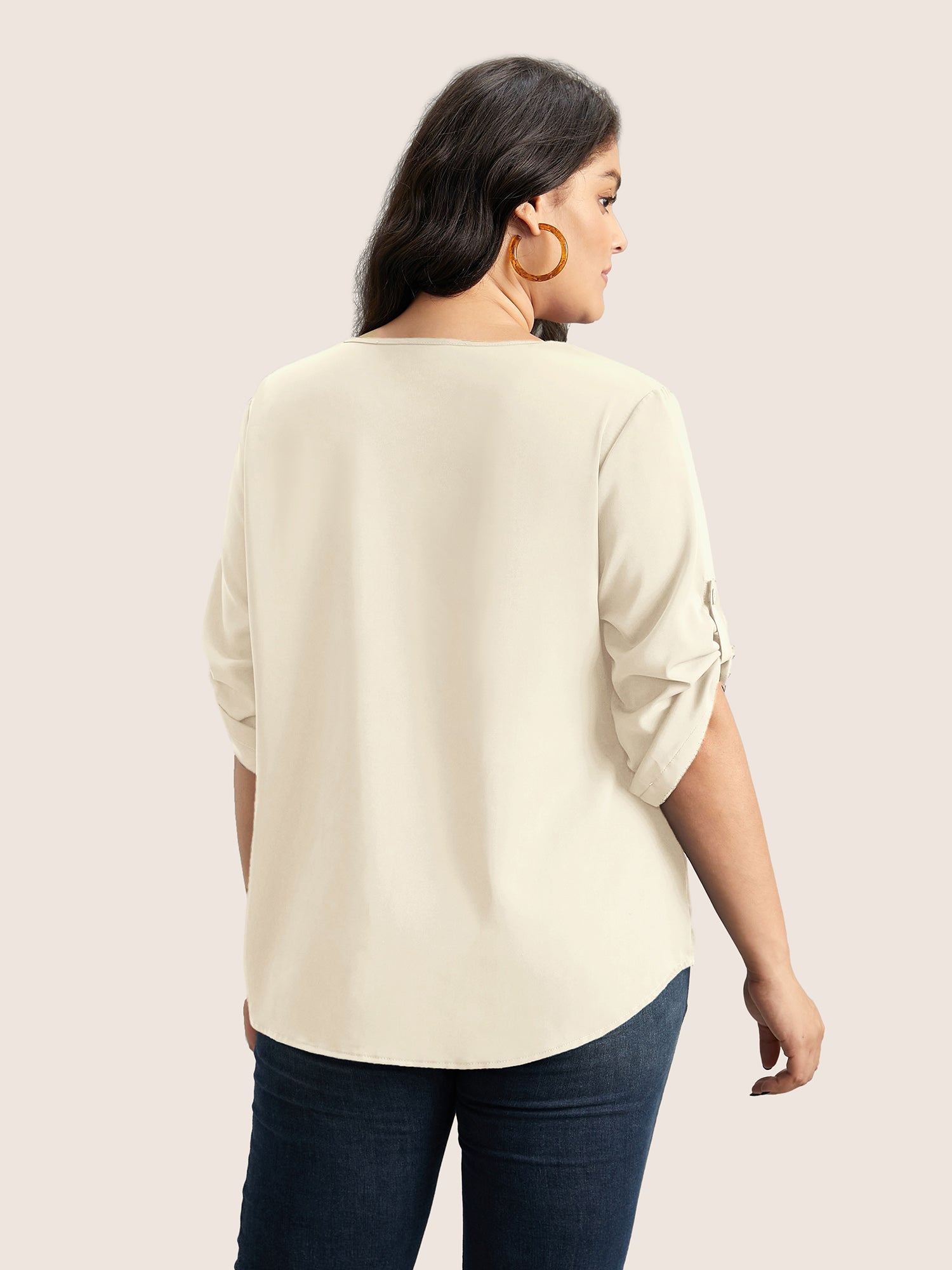 V Neck Plain Pleated Tab Sleeve Blouse