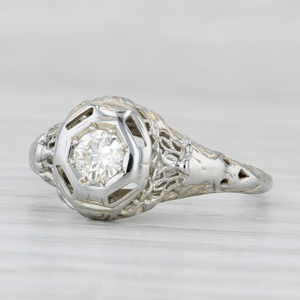 Art Deco 0.19ct Diamond Solitaire Engagement Ring 18k White Gold Size 6