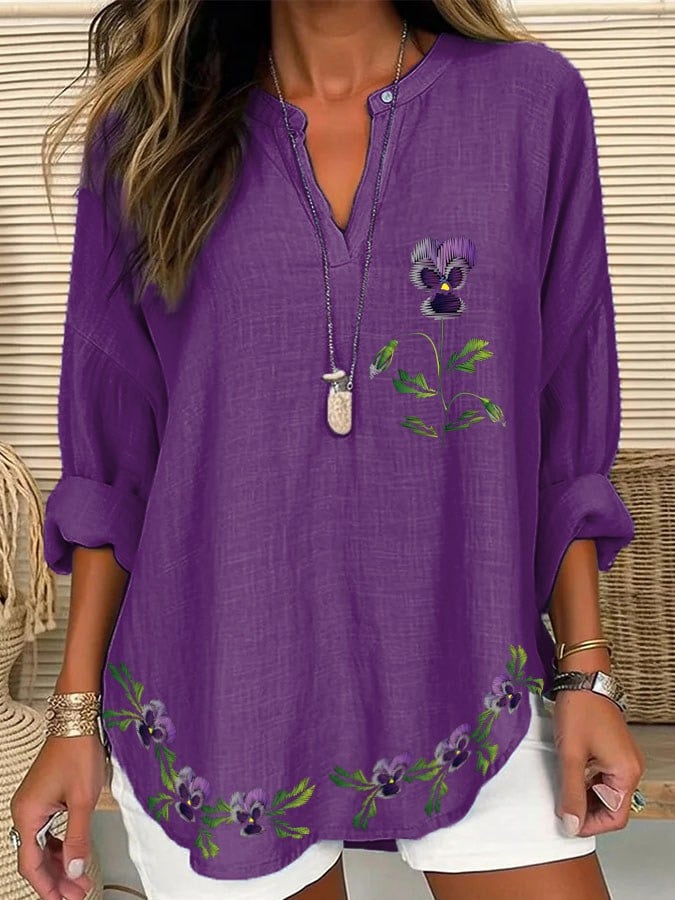 Women's Purple Floral Pansy Dementia Alzheimer's Disease Awareness Cotton and Linen Shirt