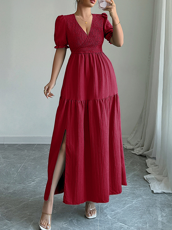 Half Sleeves High Waisted Pleated Solid Color Split-Front V-Neck Maxi Dresses