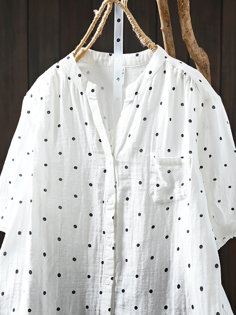 Women Summer Artsy Dot V-Neck 100%Cotton Shirt