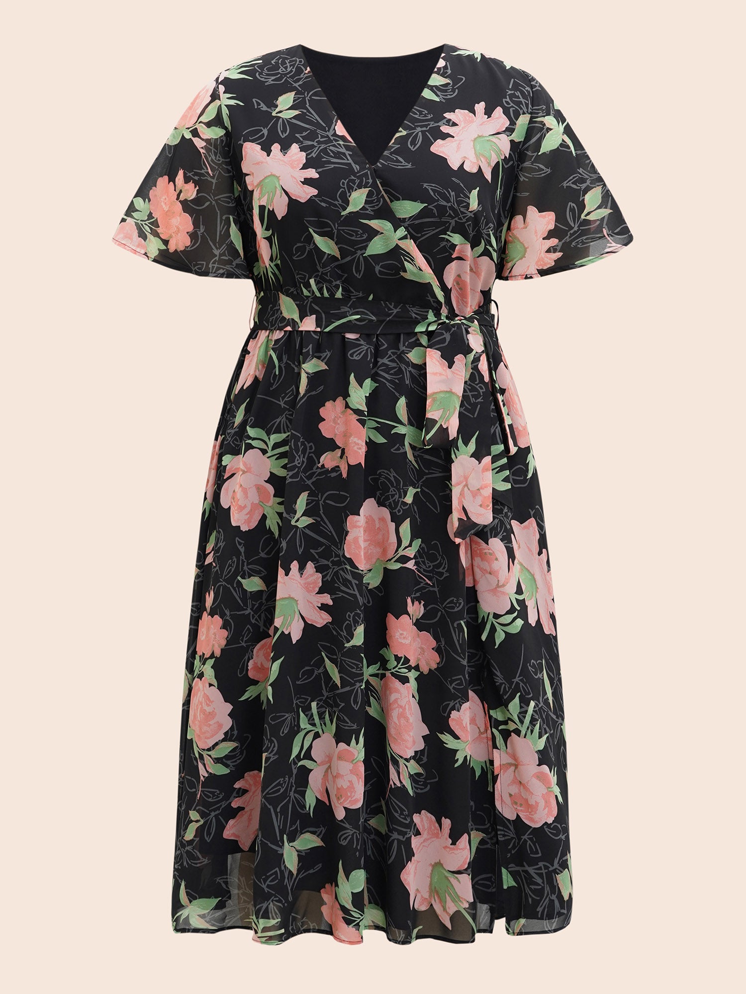 Overlap Collar Floral Split Hem Dress