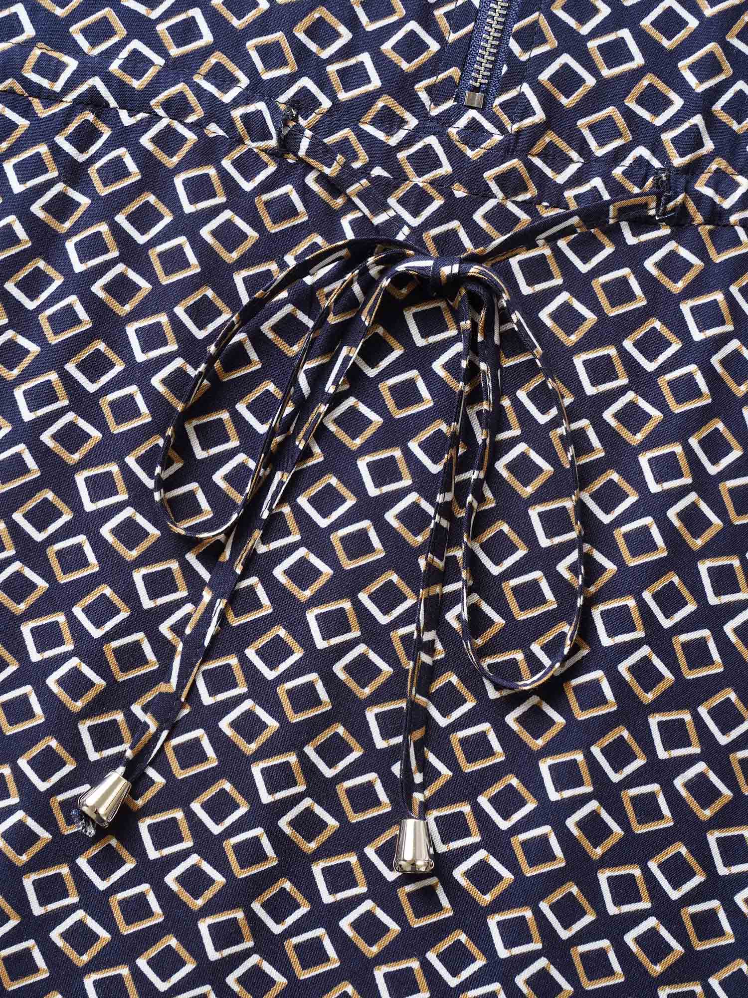 Geometric Half Zip Drawstring Arc Hem Dress