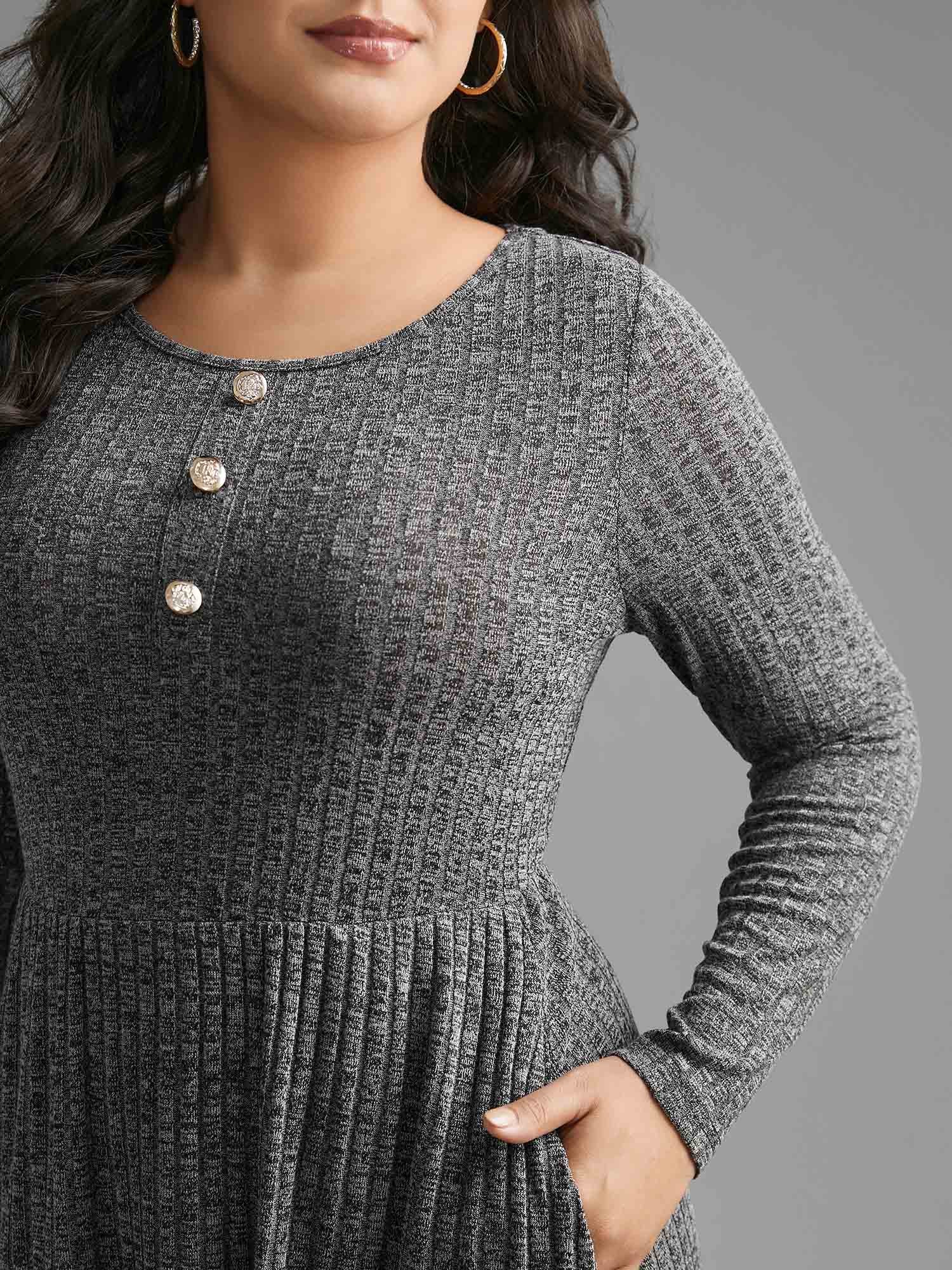 Crew Neck Rib Knit Button Detail Dress