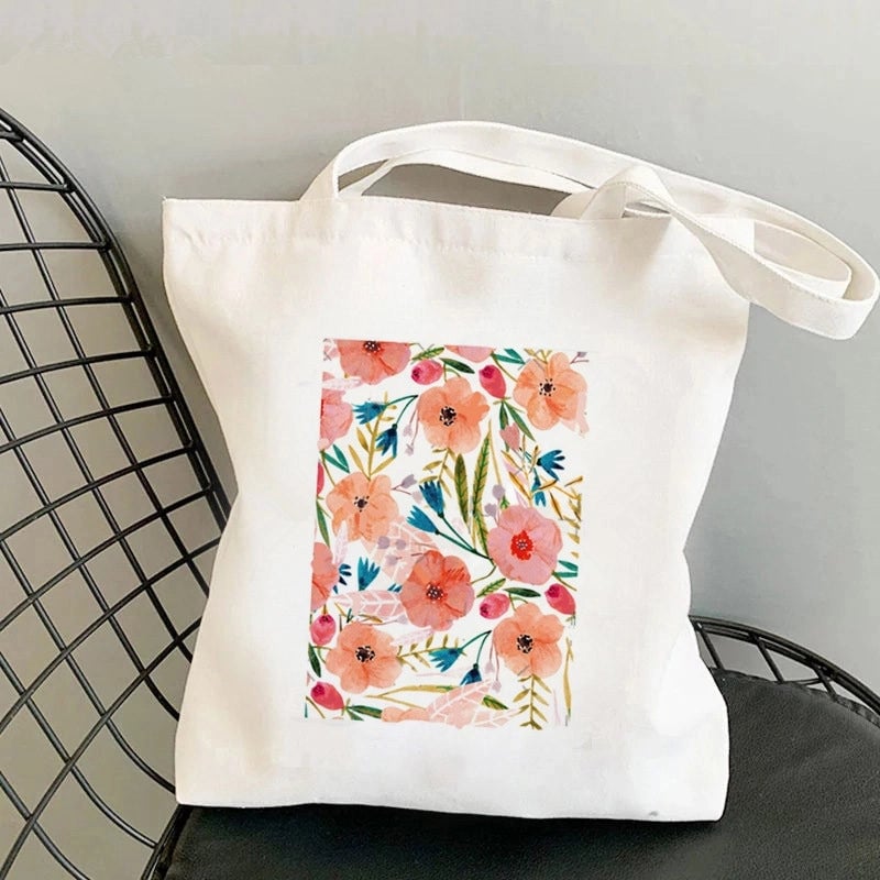 Women's Large Canvas Portrait Letter Flower Streetwear Square Open Shoulder Bag