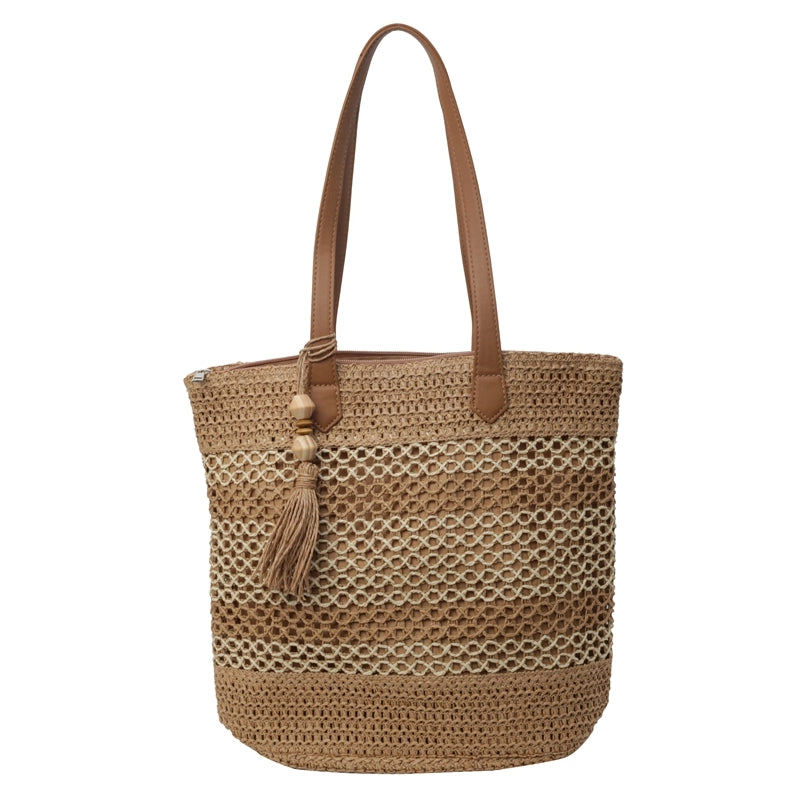 Women's Large Straw Color Block Beach Classic Style Weave Bucket Zipper Shoulder Bag