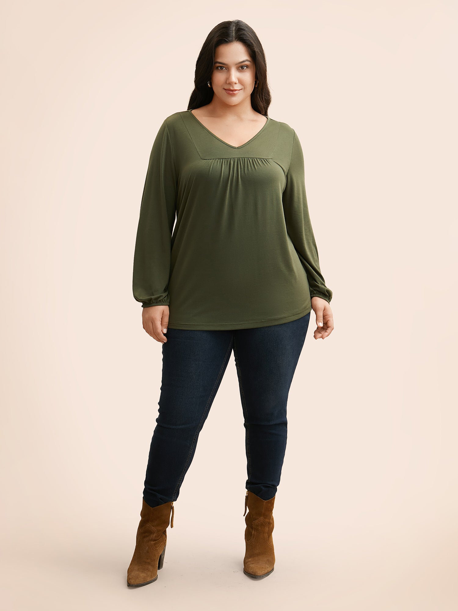 V Neck Gathered Lantern Sleeve Jersey Top