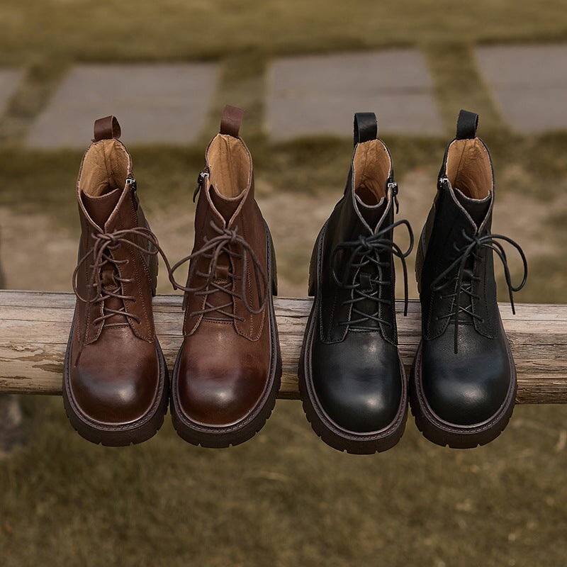 50mm Platform Boots Lace up Leather Martin Boots Handmade Big Toe Combat Boots in Black/Brown
