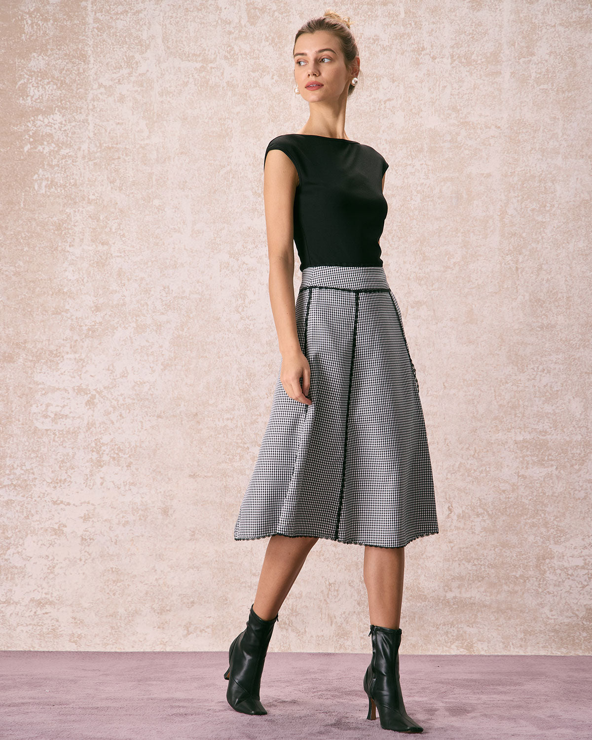 The Black High Waisted Plaid Lace Midi Skirt