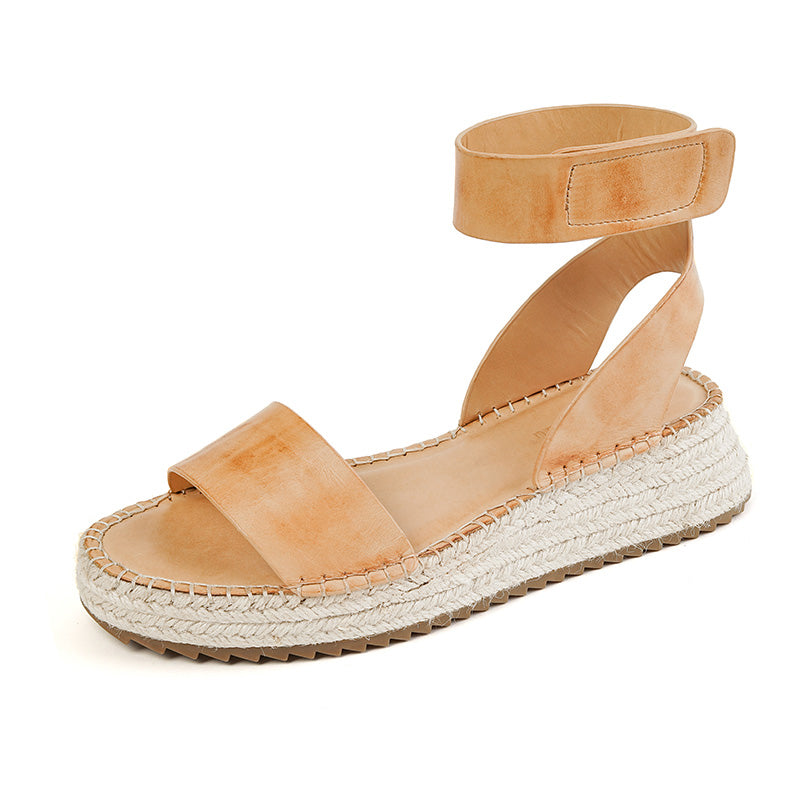 Summer Espadrille Platform Sandals Open Toe Cow Leather Wedge Sandals with Velcro Strap in Apricot Yellow/Beige/Black