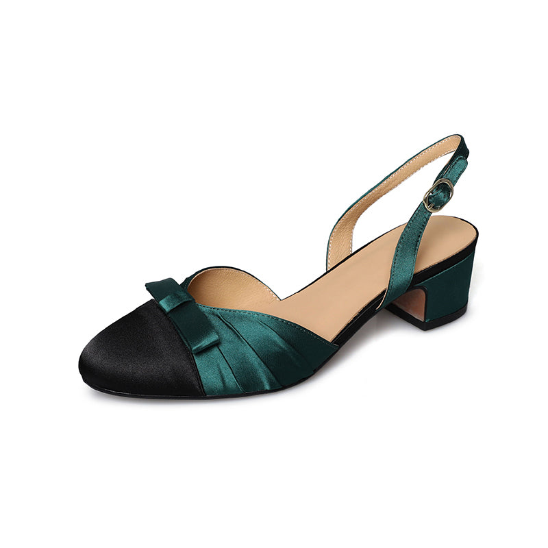 Elegant Colorblock Slingback Sandals with Bow Satin Closed-Toe Dress Shoes in Green/White/Pink