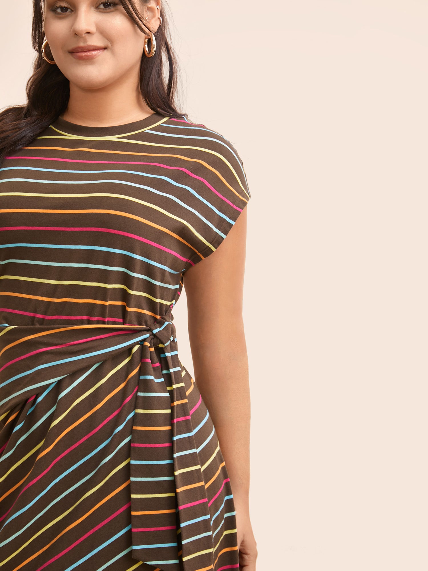 Colored Striped Tie Knot Cap Sleeve Dress