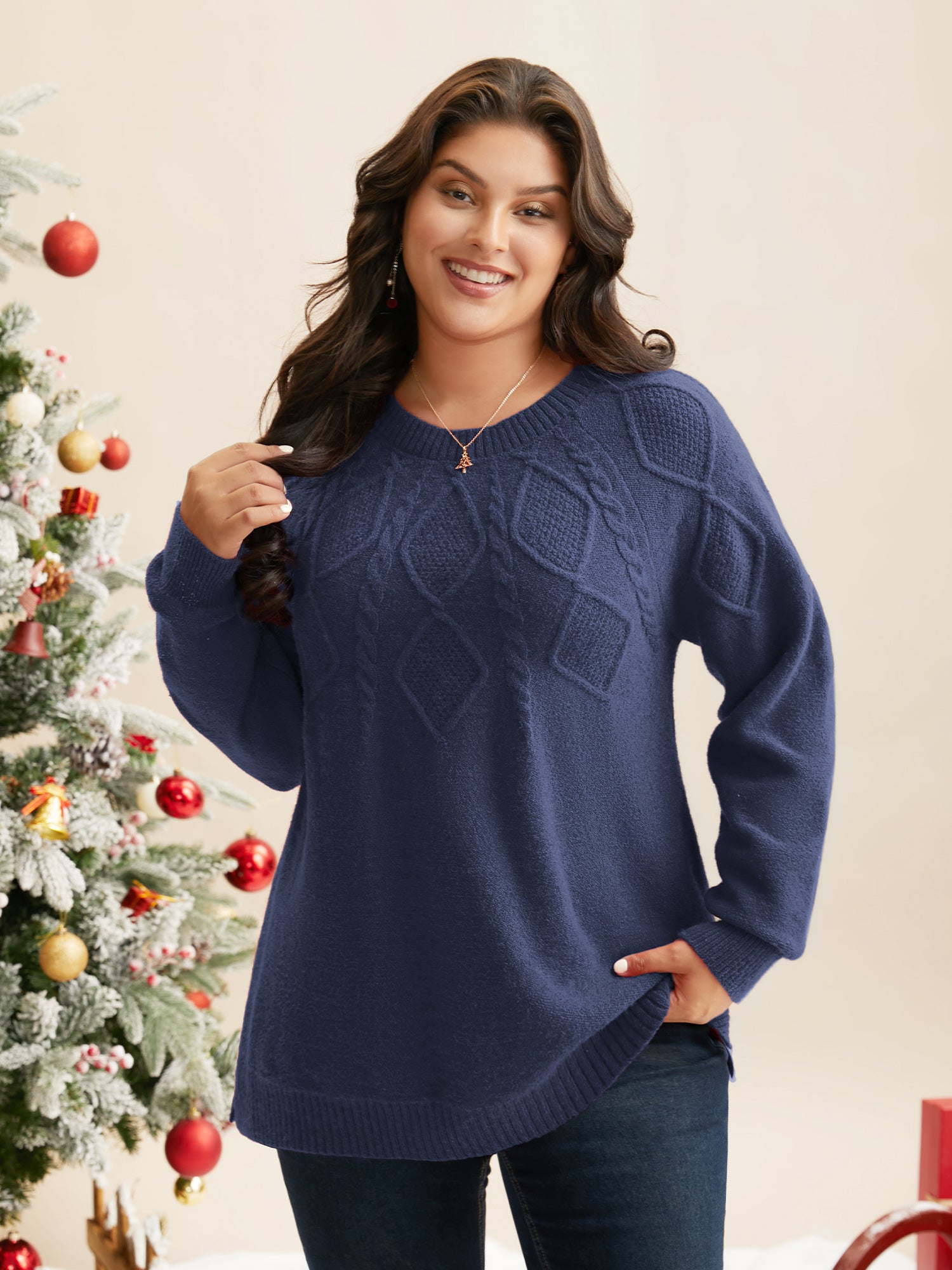 Cable Knit Bodice Crew-Neck Pullover