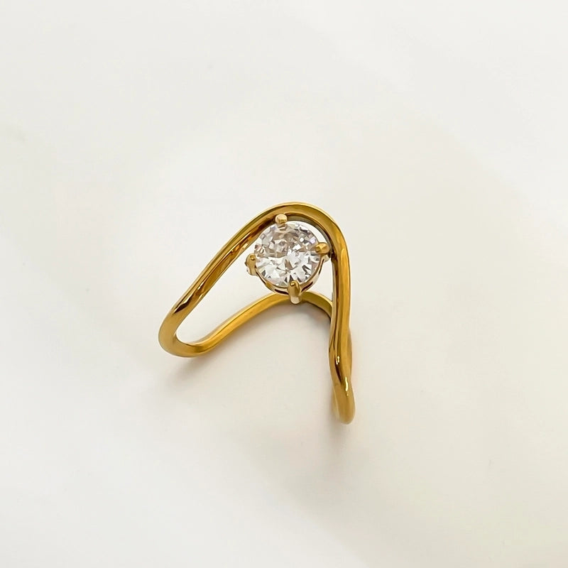 Romantic Shiny Round Water Droplets 316L Stainless Steel  Zircon 18K Gold Plated Inlay Rings