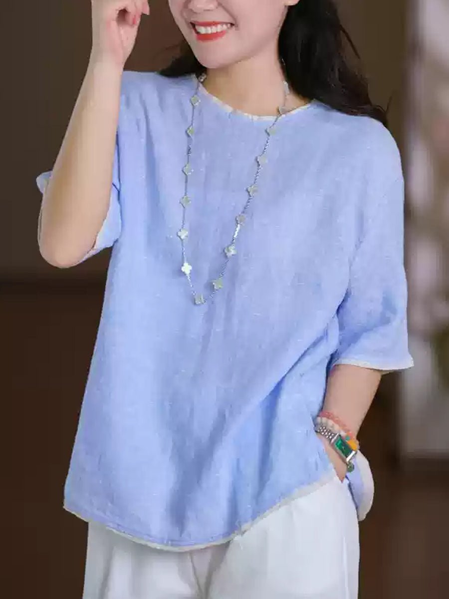 Women Summer Casual Pure Color O-Neck 100%Linen Shirt