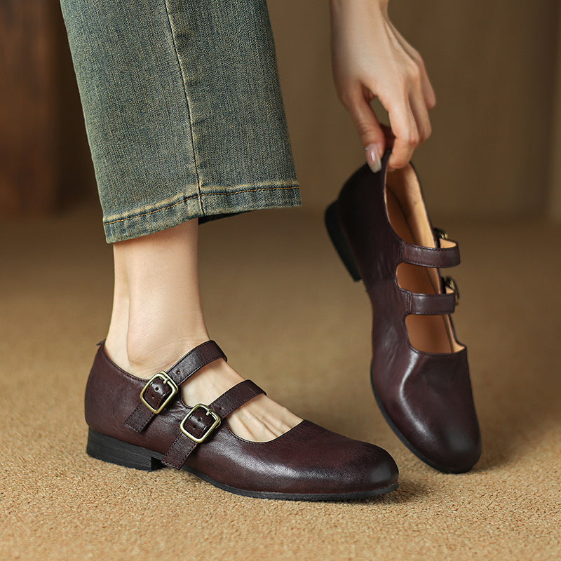 Casual Cow Leather Double Strappy Mary Jane Shoes Dress Shoes in Brown/Black/Khaki