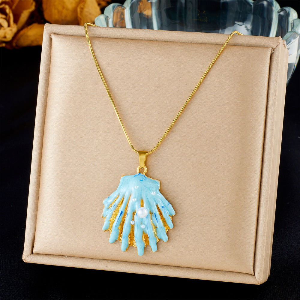 Fashion Holiday Advanced Multi-Element Marine Life Pendant Shell Starfish Sun Stainless Steel Necklace