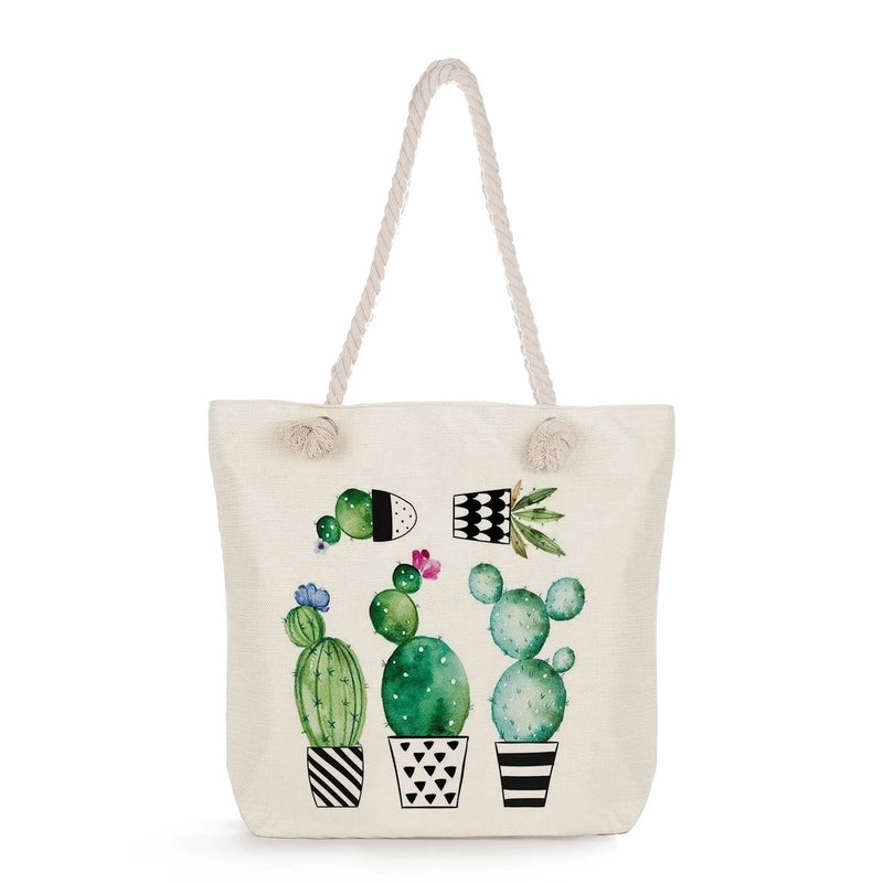 Women's Medium Linen Cactus Vacation Classic Style Square Zipper Tote Bag Beach Bag