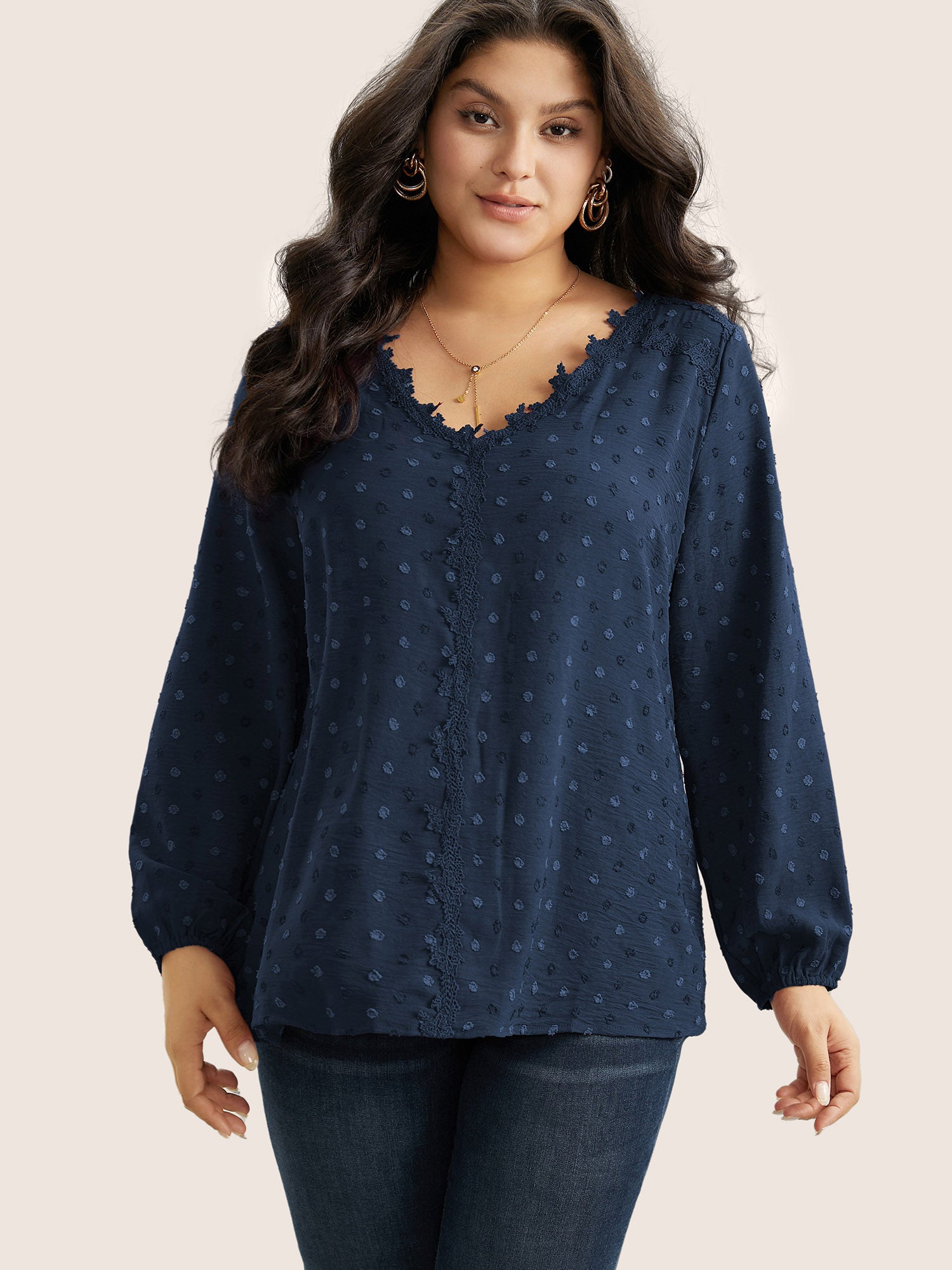 Plisse Eyelet Lace Elastic Cuffs Blouse