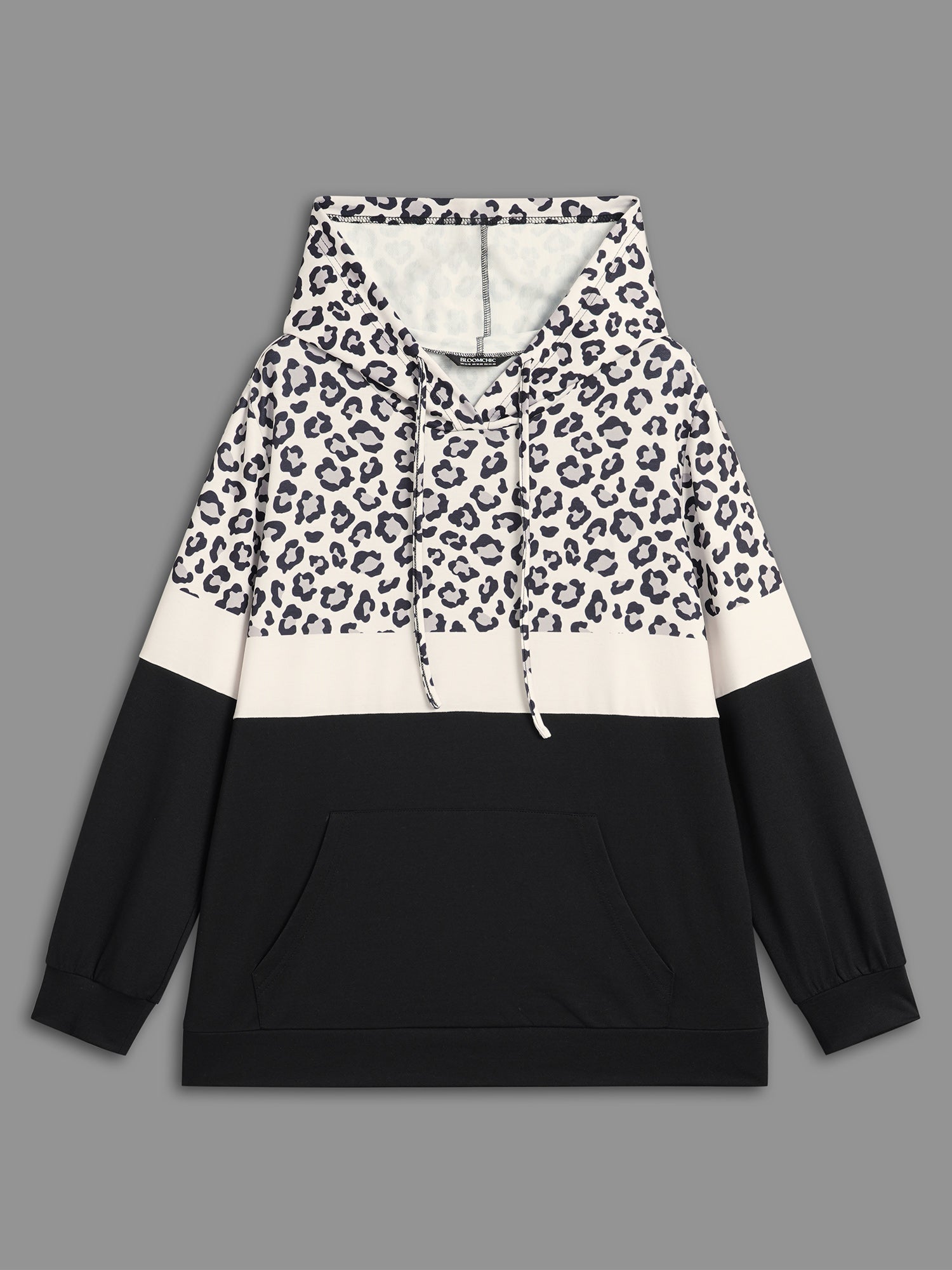 Leopard Print Patchwork Contrast Drawstring Sweatshirt