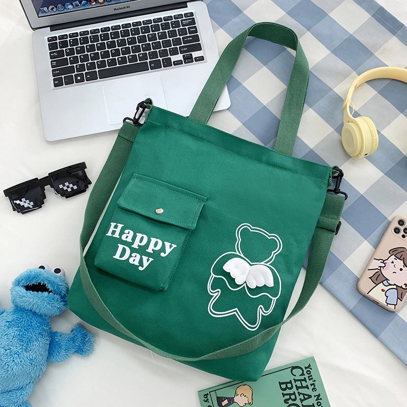 Women's Large Canvas Letter Little Bear Classic Style Zipper Canvas Bag