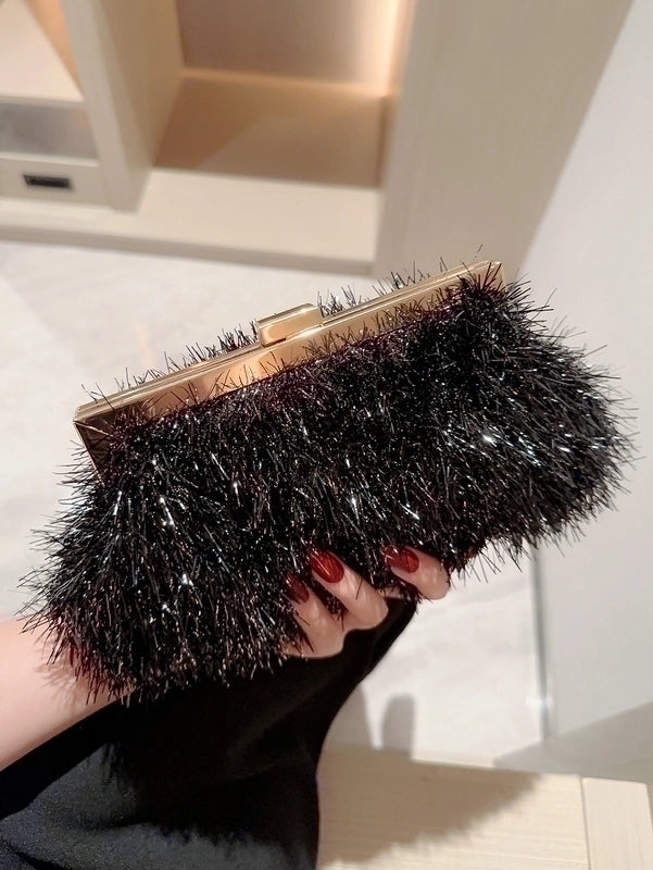 Black Pu Leather Solid Color Sequins Square Tassel Evening Bags