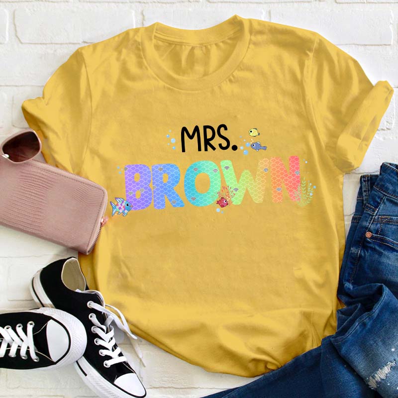 Personalized Name Rainbow Fish Teacher T-Shirt