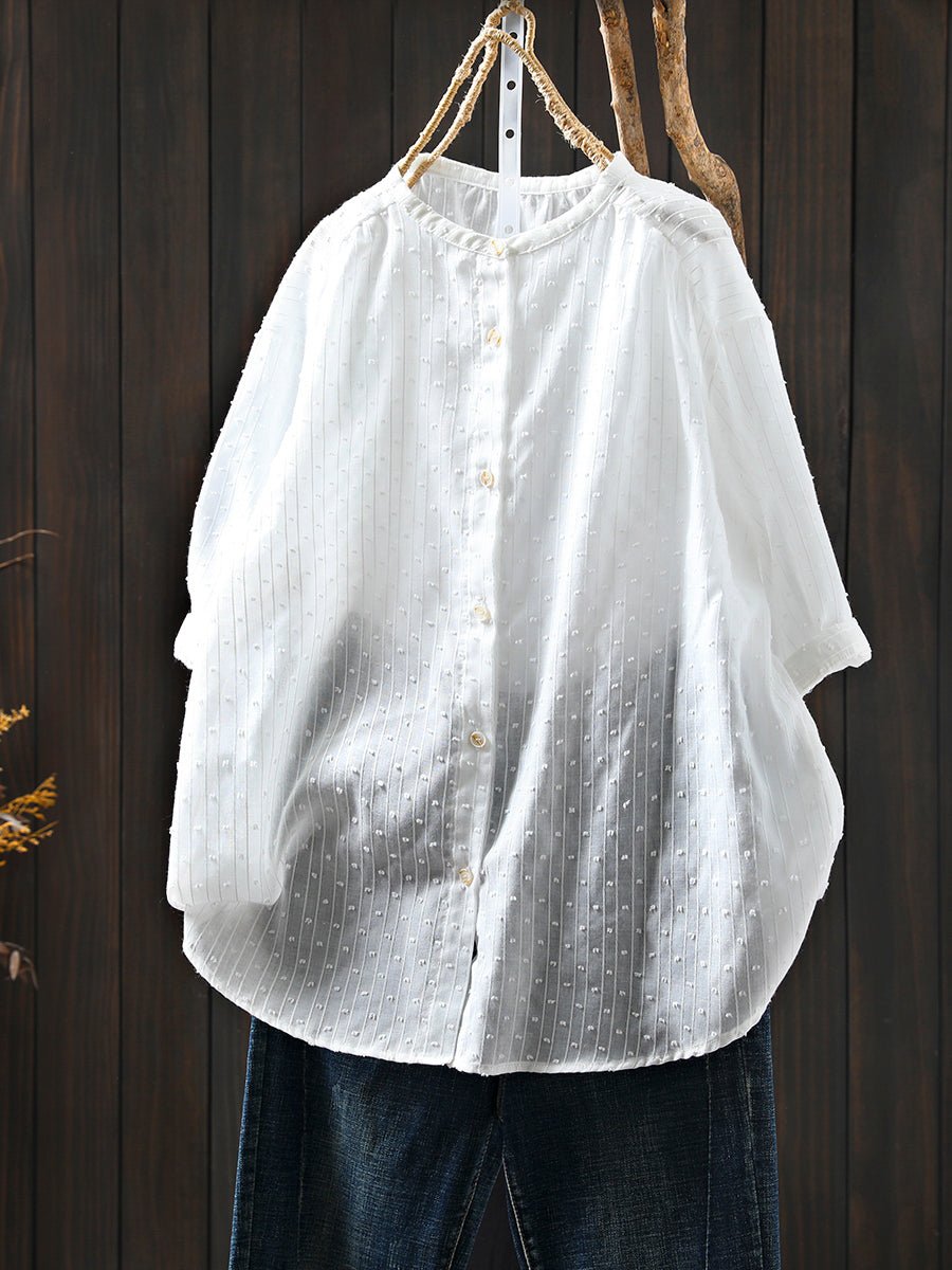 Women Summer Dot Jacquard Stand Collar 100%Cotton Shirt