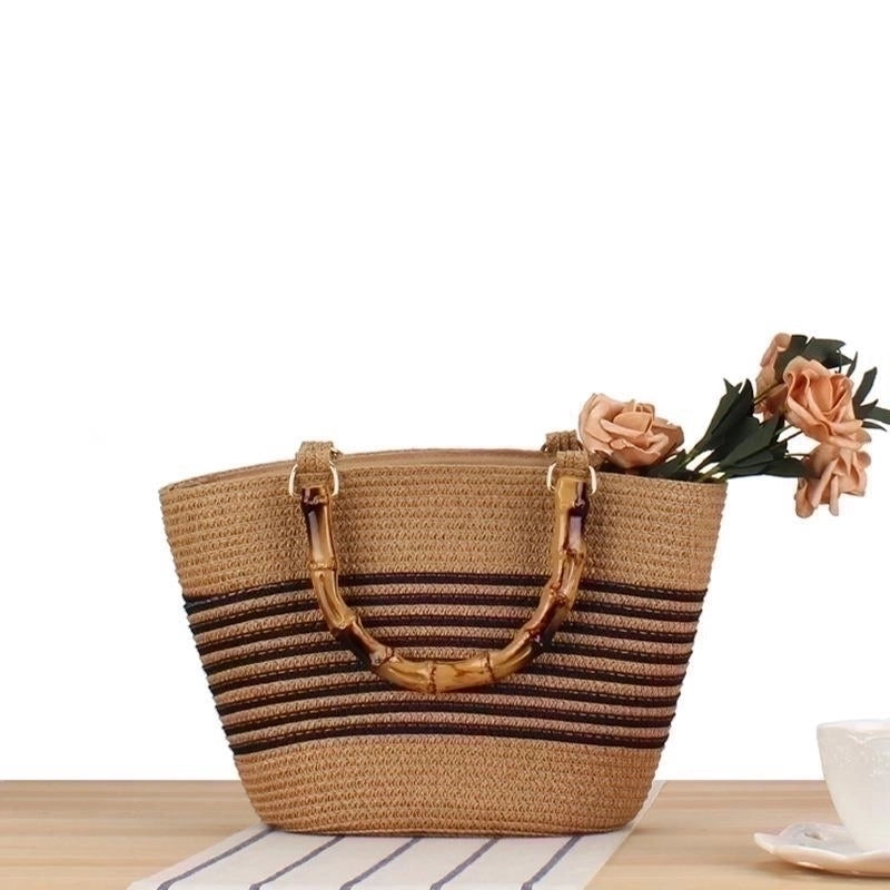 Women's Small Straw Color Block Business Shell Zipper Handbag