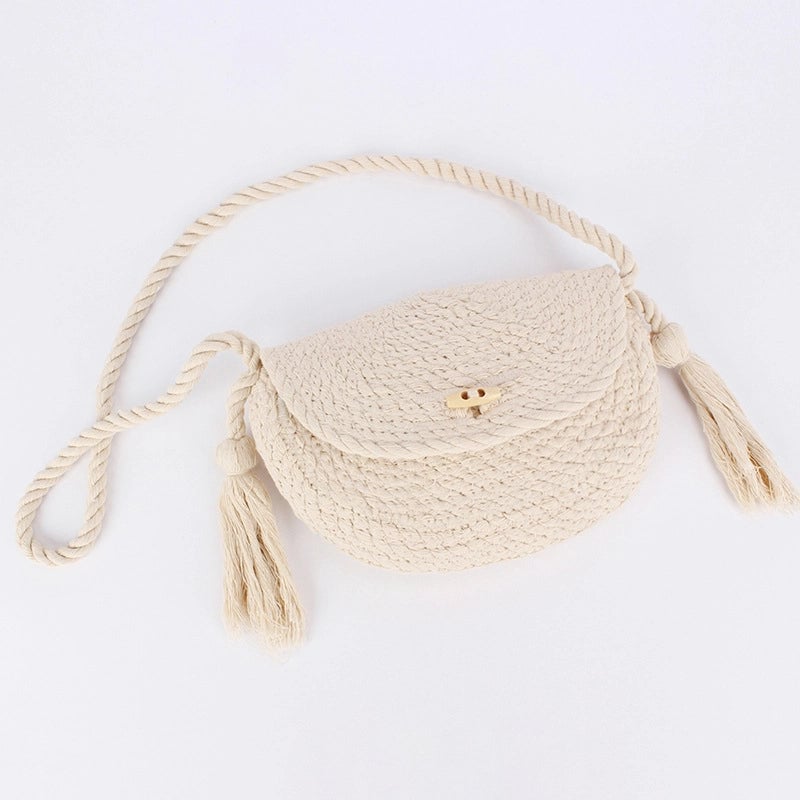Women's Small Cotton Solid Color Basic Classic Style Tassel Weave Dumpling Shape Lock Clasp Crossbody Bag