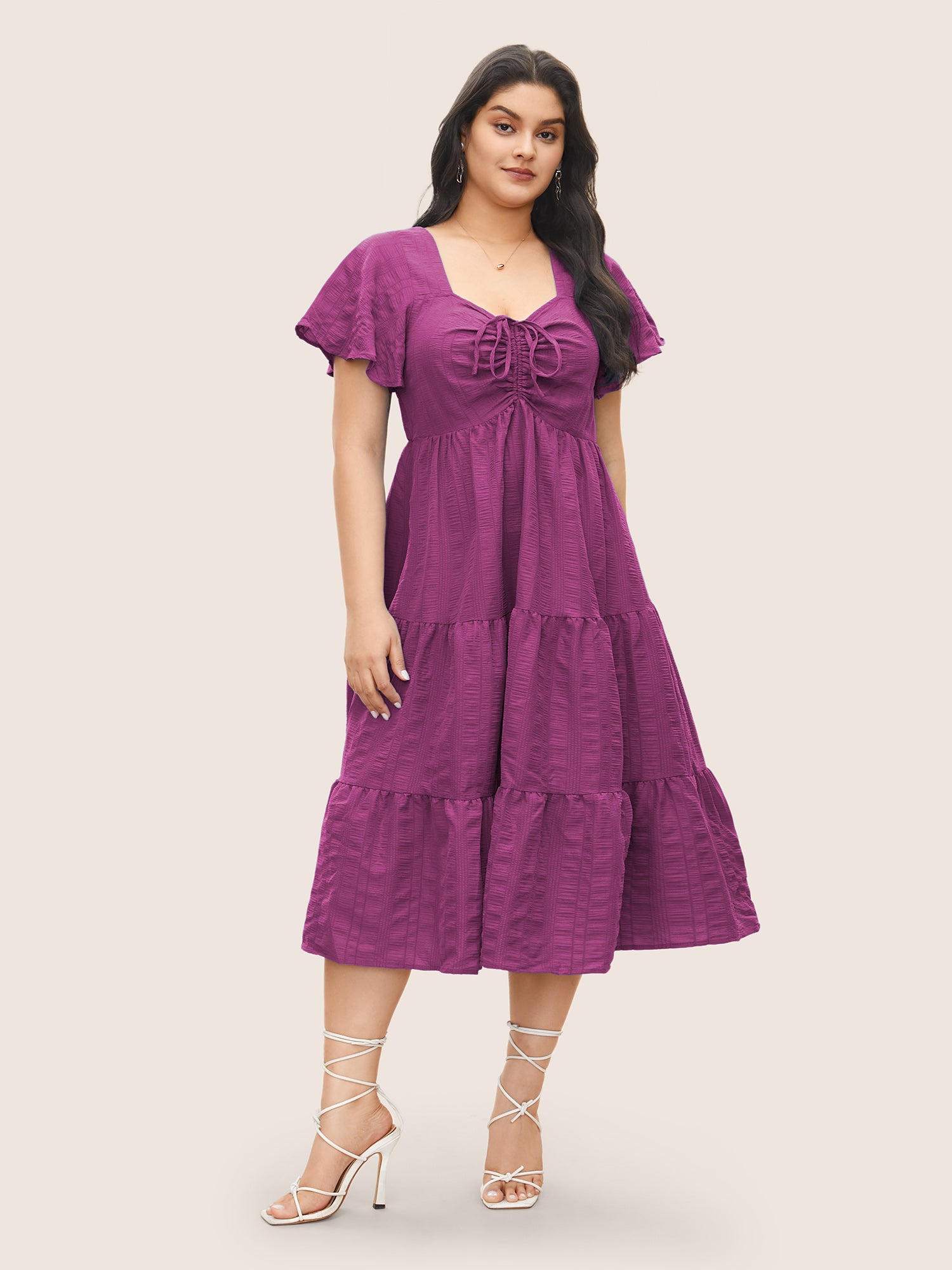 Plain Ruched Drawstring Pocket Ruffle Tiered Dress