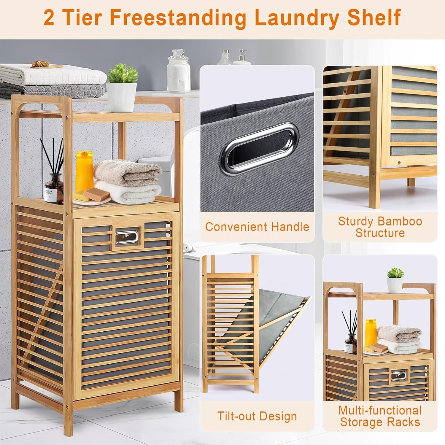 Tilt Out Laundry Hamper. Bamboo Laundry Hamper with Storage Shelves. Laundry Hamper Cabinet Tilt Out Basket with Removable Liner Bag