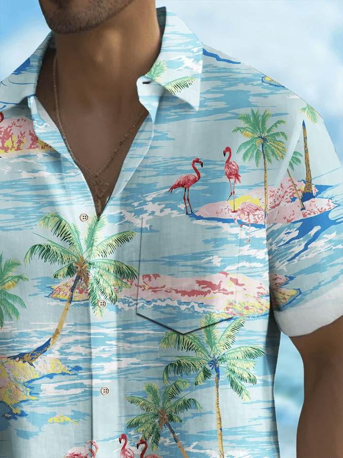 Men's Hawaiian Shirt Coconut Tree Flamingo Print Pocket Shirt