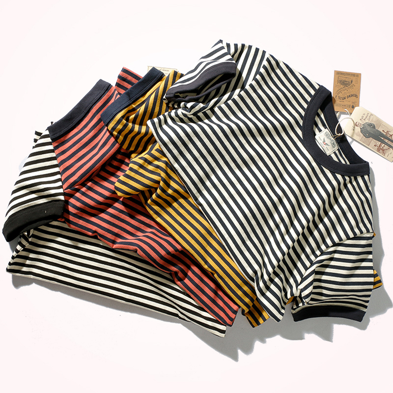 Vintage Double Yarn Pure Cotton Round Neck Striped Short-Sleeved T-Shirt