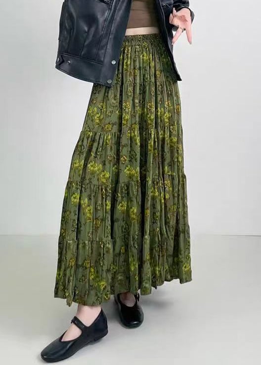 Vintage Green Print Wrinkled Elastic Waist Cotton Skirts Spring