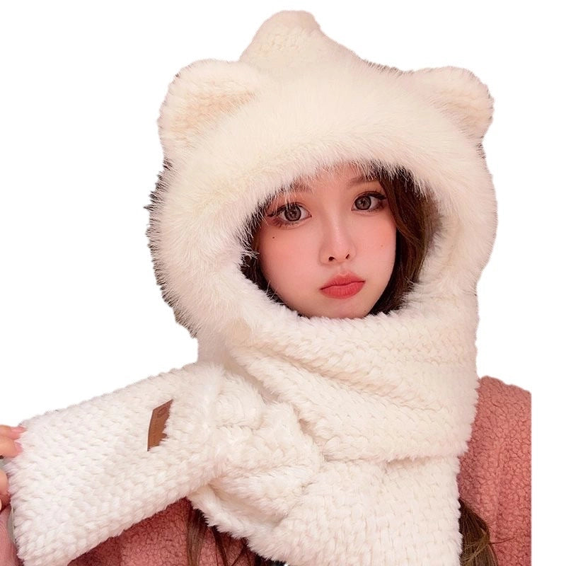 Cute Bear Ears Plush Hat Scarf Integrated Female Autumn And Winter Cycling Warm All-Matching Mask Ear Protection Scarf