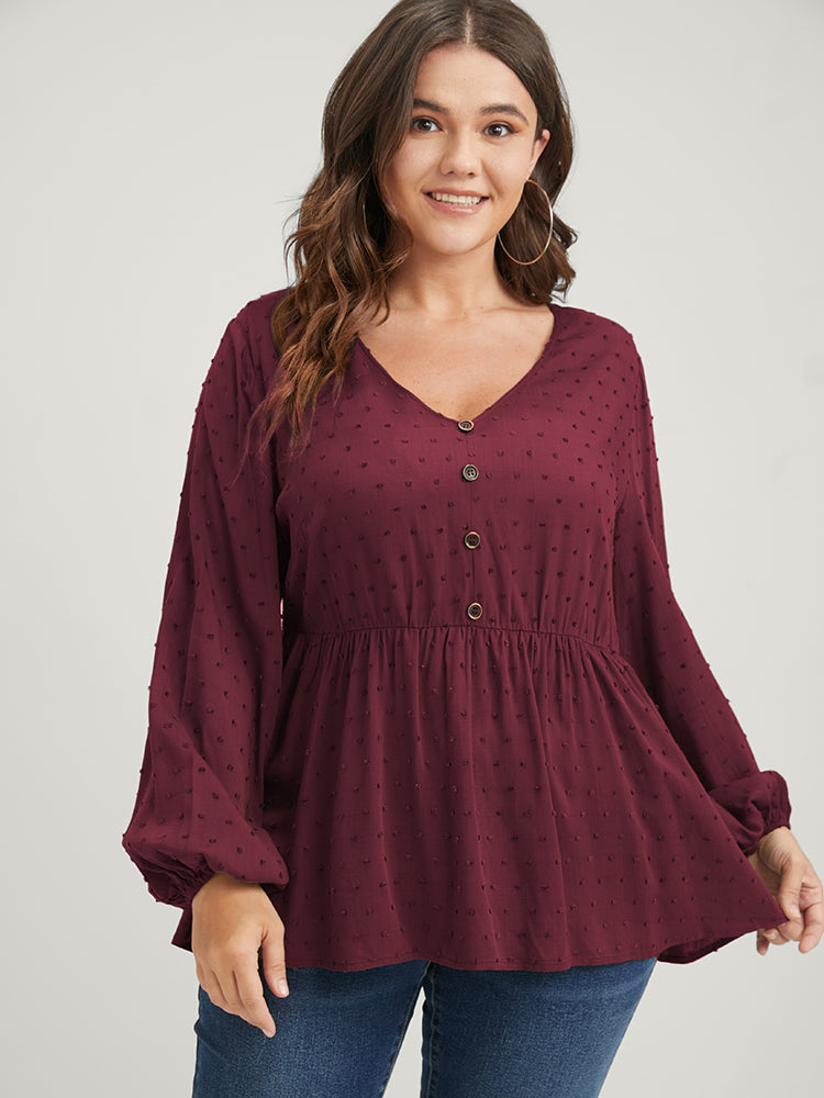 Polka Dot Flutter Button Detail Lantern Sleeve Blouse
